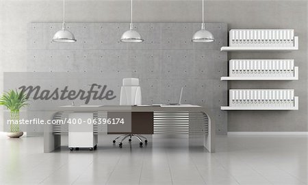 Minimalist office with panel and concret floor - rendering
