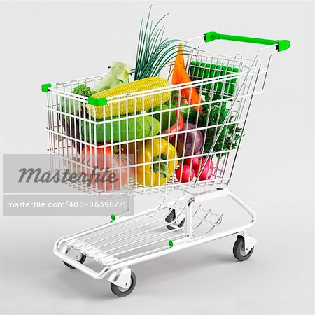A variety of vegetables in a shopping trolley on white background