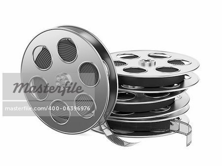 Clapboard and Film Reel, Setting Next to Each Other. On white Background.