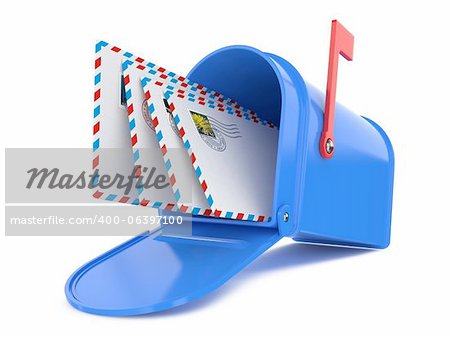 Blauer Briefkasten mit Mails, Isolated on White