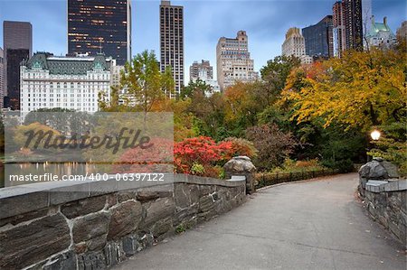 Image of Central Park and Gapstow Bridge in New York City, USA in Autumn.
