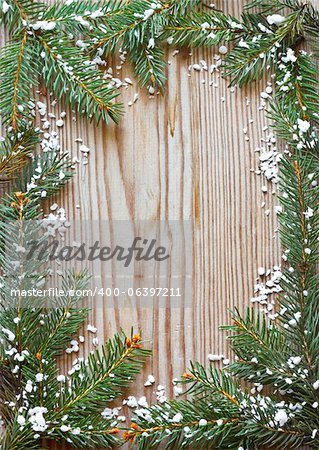 Christmas spruce branch frame with snow.