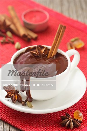 Délicieux chocolat chaud avec des épices sur une tasse blanche.