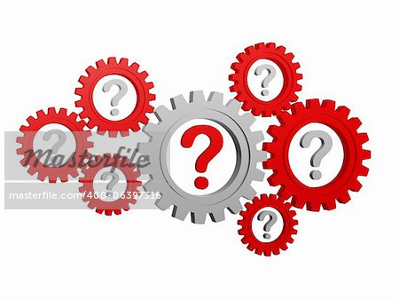 question-marks - red and grey signs in gearwheels