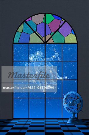 Gemini constellation and stained glass