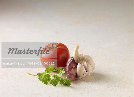 Close up of tomato, garlic and parsley