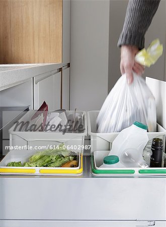 Person removing rubbish bag from waste and recycling drawer Person removing rubbish bag from waste and recycling drawer