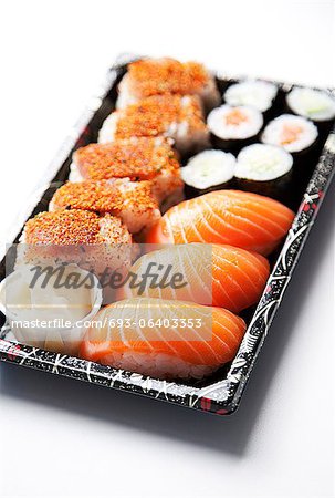 Sushi food on tray against white background