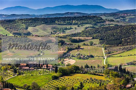 Vue d'ensemble des terres agricoles et de vignobles, San Gimignano, Province de Sienne, Toscane, Italie