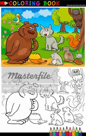 Livre de coloriage ou une Illustration de la Page caricature de drôles d'animaux sauvages pour l'éducation des enfants