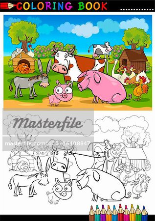 Malbuch oder Illustration Seite Cartoon Funny Farm und Tiere Tiere für Bildung der Kinder