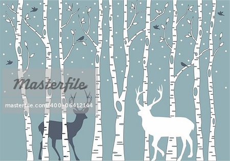 birch trees with birds and deer, vector background illustration