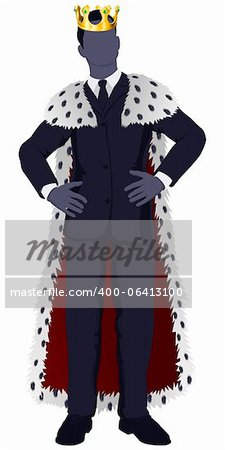 Illustration of a business man king in business suit with royal cape and crown.