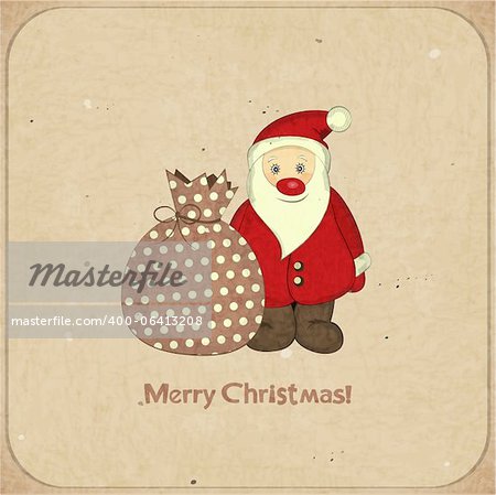 Retro Christmas cards with cartoon Santa and bag with gifts - New Year postcard in Vintage style - vector illustration