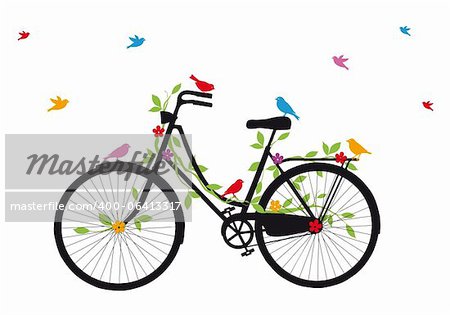 vélos vintage avec les oiseaux, les feuilles et les fleurs, illustration vectorielle