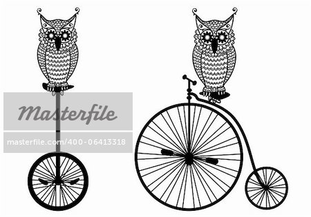 owls with vintage bicycle, vector illustration