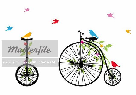 birds on vintage bicycle with flowers and leaves, vector illustration