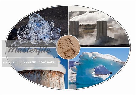 Montage du concept écologique d'une empreinte humaine et les changements environnementaux différents, icebergs et la pollution
