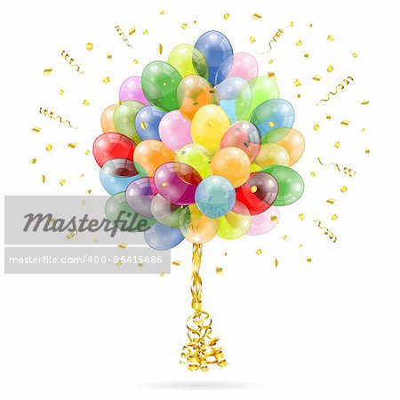 3D Transparent Birthday Balloons with Streamer and Confetti, isolated on white, easy change color, vector