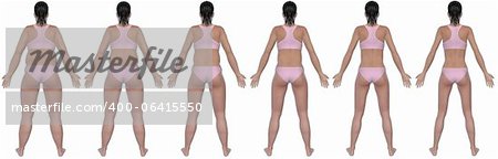 A rear view illustration of a obese woman's weight loss progress in a series of six renders. Isolated on a solid white background.