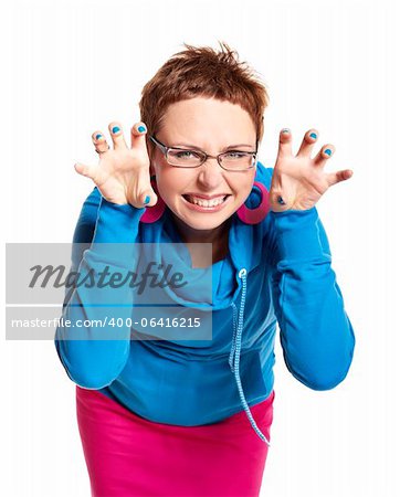 Young woman makes funny face. Isolated on white. Studio shot.