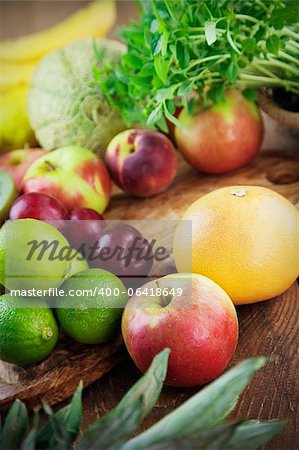 Fruit variety on wood. Tropical exotic food concept.