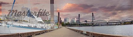 Sailboat Docked at Portland Oregon Downtown Waterfront Marina Along Willamette River Panorama