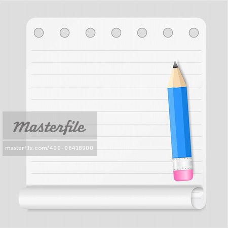 Notebook paper with small blue pencil, vector eps10 illustration