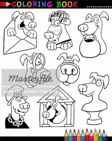 Coloring Book or Page Cartoon Illustration of Funny Dogs and Puppies for Children