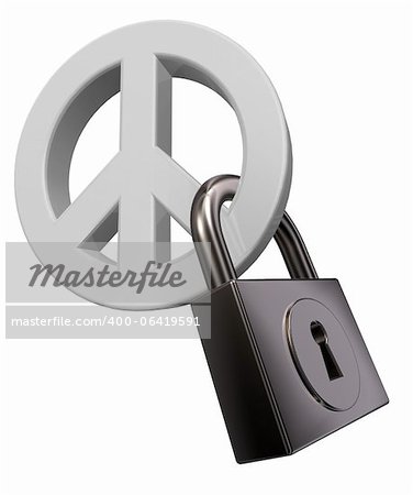 peace symbol and padlock on white background - 3d illustration