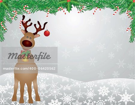 Santa Rentier mit Bow Holly Christbaumkugel mit und Garland mit Zuckerstange auf Schneeflocken Hintergrund Illustration