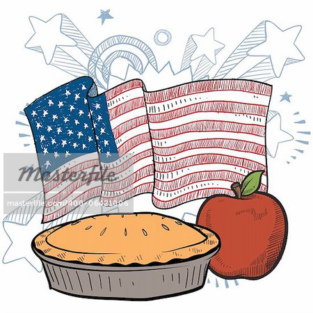 Doodle style apple pie with colorful American flag sketch in vector format