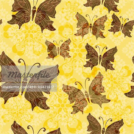 Yellow and brown seamless pattern with transparent butterflies (vector EPS 10)