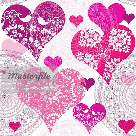 Seamless valentine pattern with flowers and vivid hearts (vector)