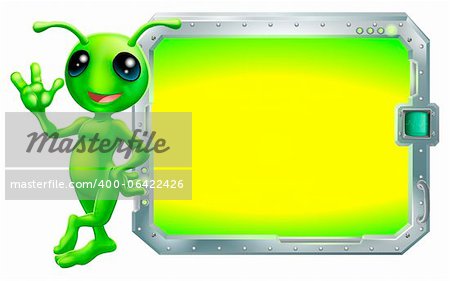 A cute green alien with a sign or screen with copyspace