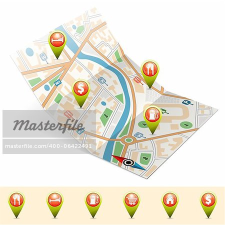 Map with Set Pointers, GPS Navigation Concept, vector illustration