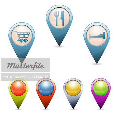 Set 3D Map Pointers with Everyday Life Icons - cafe, shop, hotel, isolated. Easily Change Color