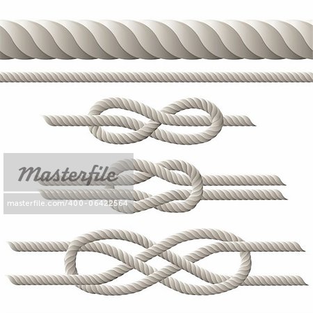 Seamless rope and rope with different knots. Vector illustration