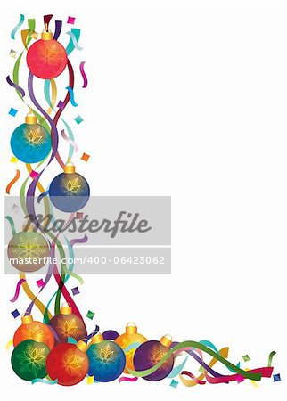 Christmas Tree Ornaments with Colorful Ribbons and Confetti Border Illustration