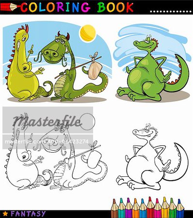 Coloriage livre ou Page Cartoon Illustration de personnages de contes de fées Dragons