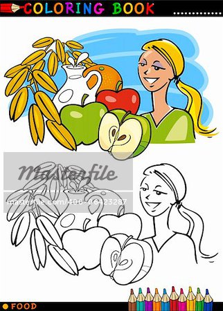 Malbuch oder Page Cartoon Illustration der gesunde Frühstück Lebensmittel wie Obst und Milch und Hafer für Bildung der Kinder