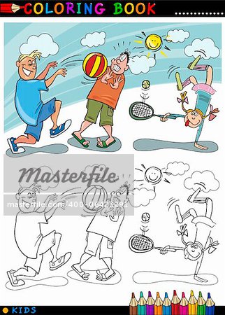 Coloring Book or Page Cartoon Illustration of Boys playing Ball and Little Girl playing Tennis