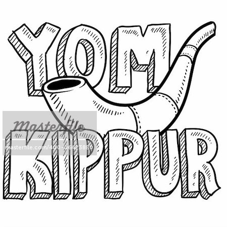 Doodle style Jewish holiday Yom Kippur icon with lettering and shofar - horn. Vector format.