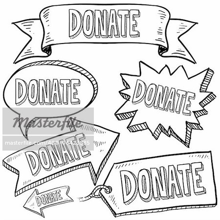 Doodle style Donate message tags, labels, banners and arrows in vector format. Can be used as an overlay, as background, or for a sticker effect on web or print materials.