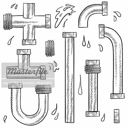 Doodle style water pipes sketch in vector format. Includes various pieces of pipe to make your own design.