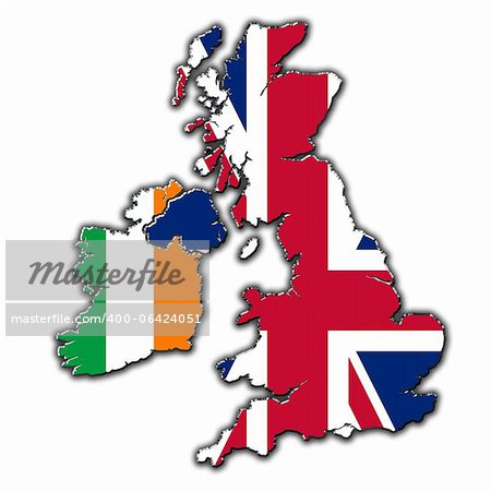 Stylisé carte muette du Royaume-Uni et Irlande, couvert de drapeaux