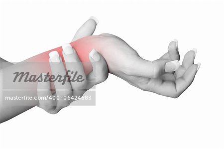 Female with pain in her wrist, isolated in a white background. Red circle around the painful area.