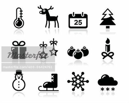 Xmas-Icons set mit Reflektion - Schneemann, vorhanden, Weihnachtsbaum, Rentier