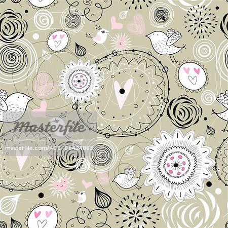 seamless graphic floral pattern with birds in love on a brown background