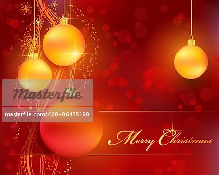 Merry Christmas background with stars, snow flakes, a wavy line pattern, bokeh lights and Christmas balls for your festive themed designs. EPS10